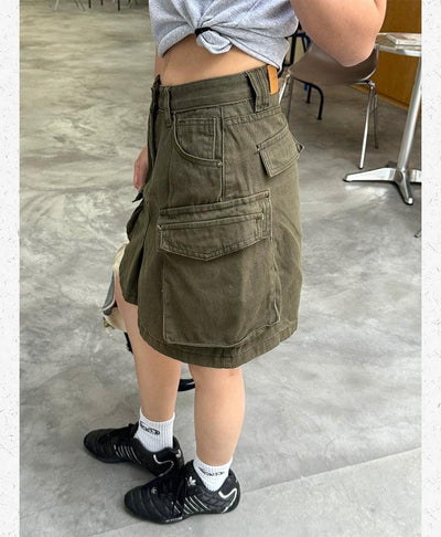 Multi-Pocket Cargo Denim Skirt Korean Street Fashion Skirt By Made Extreme Shop Online at OH Vault