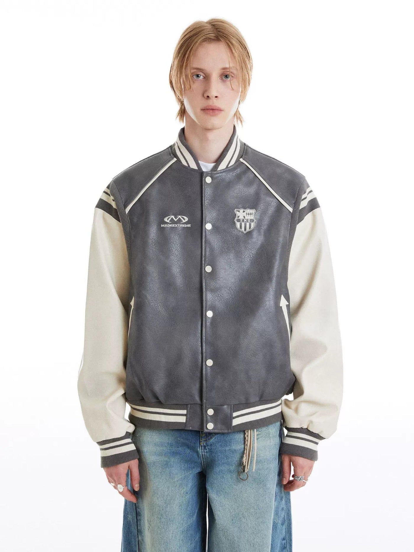 Contrast Spliced PU Leather Varsity Jacket Korean Street Fashion Jacket By Mr Nearly Shop Online at OH Vault