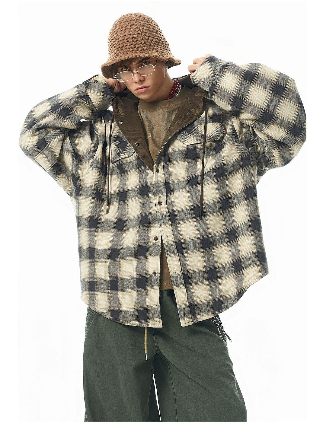 Plaid & Denim Reversible Hooded Jacket Korean Street Fashion Shirt By JHYQ Shop Online at OH Vault