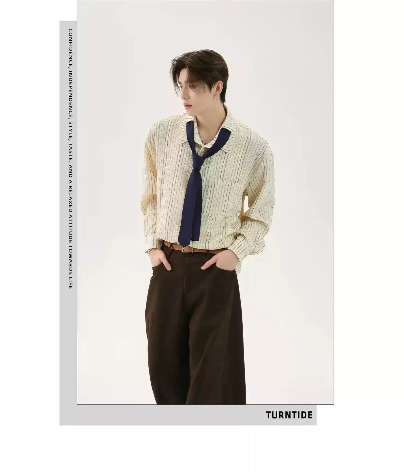Textured Striped Neck Tie Long Sleeve Shirt Korean Street Fashion Shirt By Turn Tide Shop Online at OH Vault
