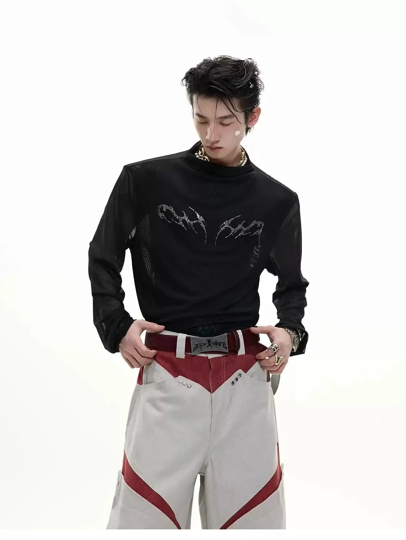 Metallic Print Mesh Long Sleeve T-Shirt Korean Street Fashion T-Shirt By Argue Culture Shop Online at OH Vault