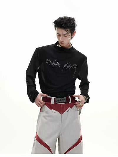 Metallic Print Mesh Long Sleeve T-Shirt Korean Street Fashion T-Shirt By Argue Culture Shop Online at OH Vault