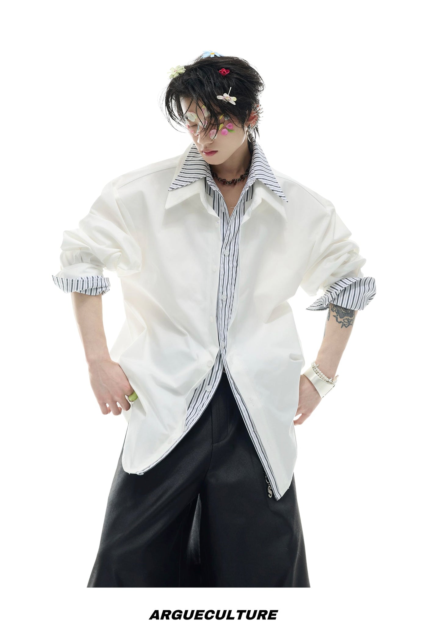 Stripe Layer Buttoned Shirt Korean Street Fashion Shirt By Argue Culture Shop Online at OH Vault