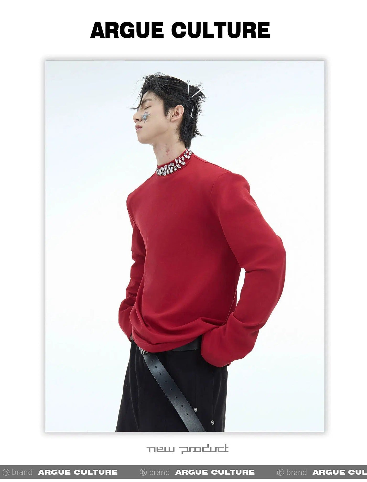 Rhinestone Mockneck Long Sleeve T-Shirt Korean Street Fashion T-Shirt By Argue Culture Shop Online at OH Vault