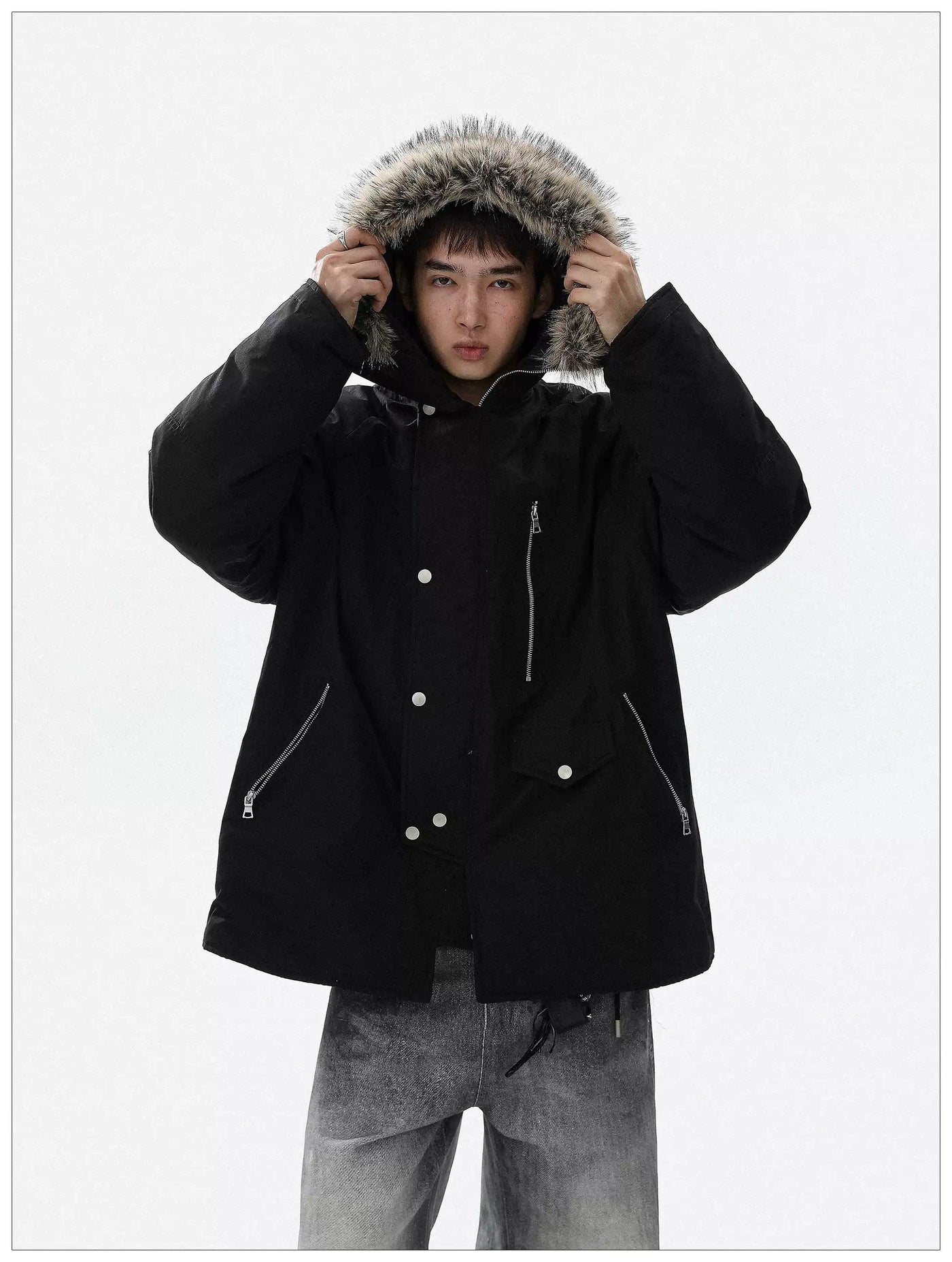 Furry Hooded Utility Jacket Korean Street Fashion Jacket By Mr Nearly Shop Online at OH Vault