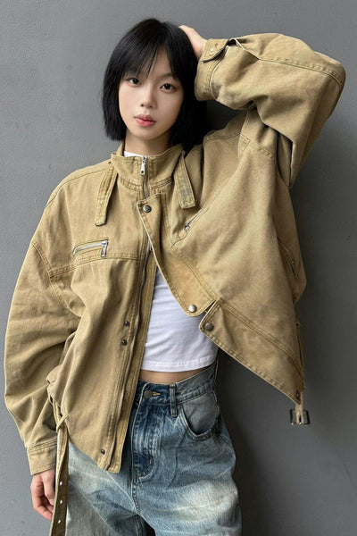 Stand Collar Multiple Detail Denim Jacket Korean Street Fashion Jacket By MaxDstr Shop Online at OH Vault