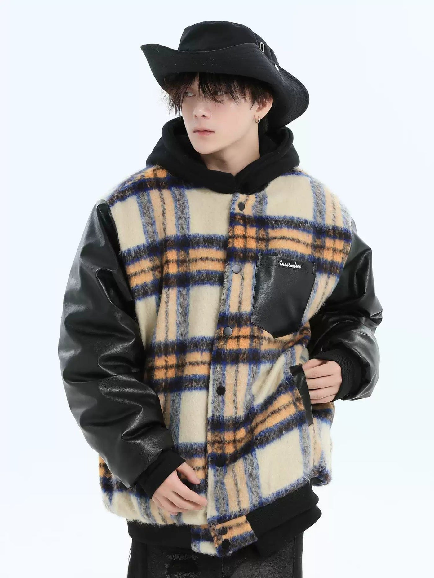 Spliced Plaid PU Leather Jacket Korean Street Fashion Jacket By INS Korea Shop Online at OH Vault