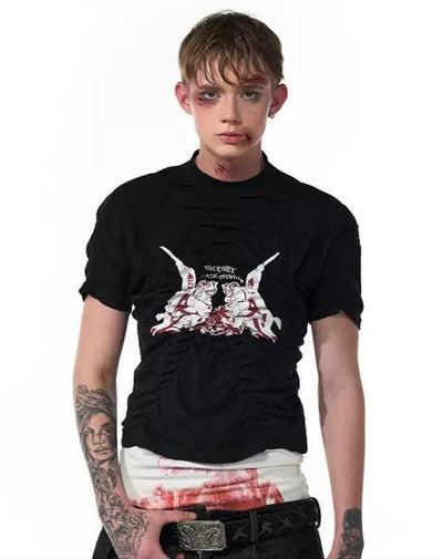 Graphic Print Ruched Lines T-Shirt Korean Street Fashion T-Shirt By Slim Black Shop Online at OH Vault