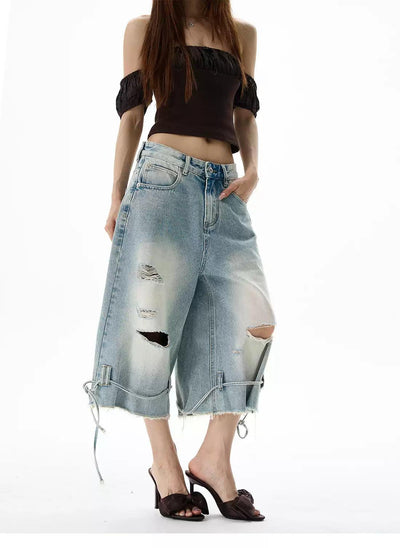 Raw End String Detail Denim Shorts Korean Street Fashion Shorts By 77Flight Shop Online at OH Vault