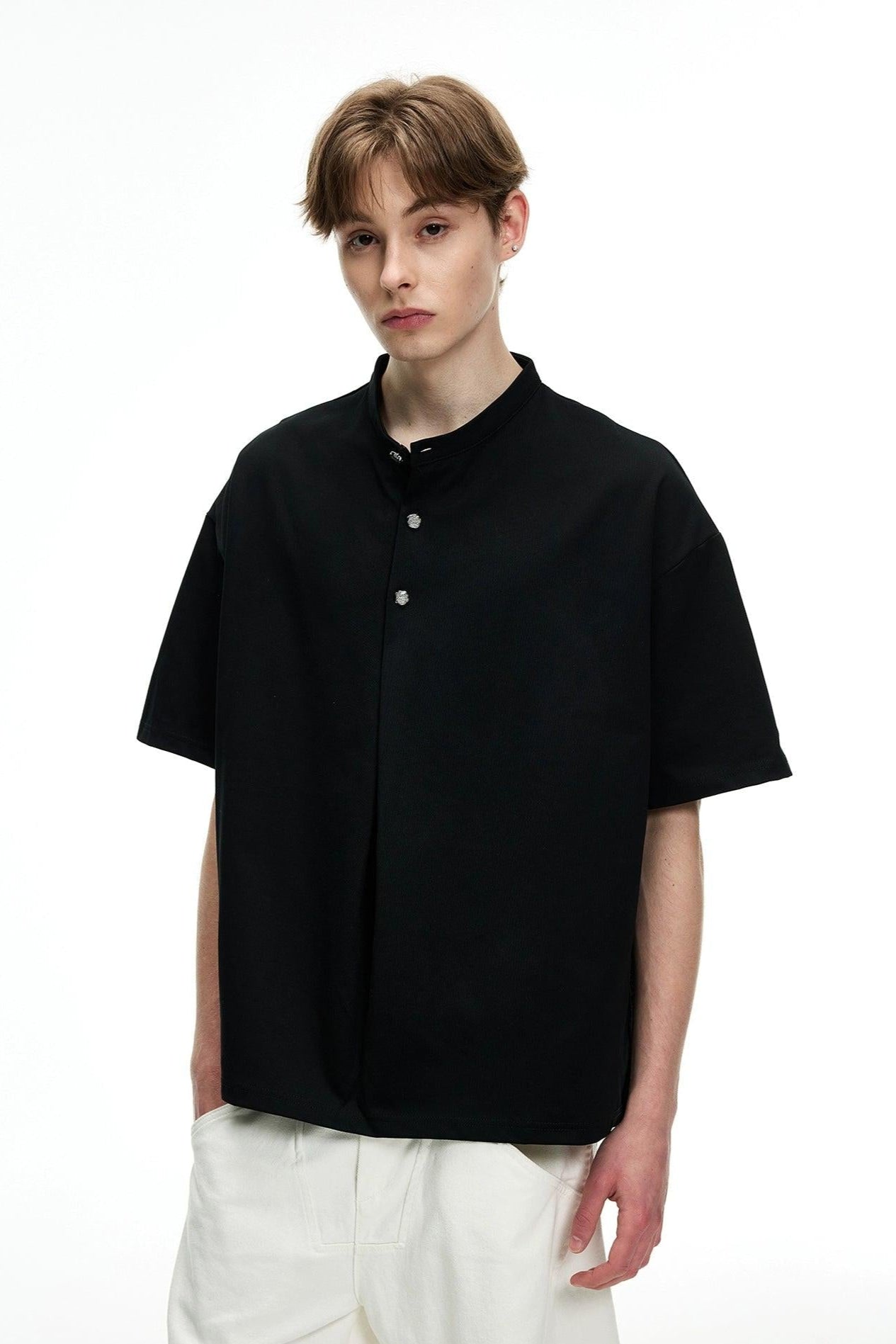 Boxy Cut Half-Buttoned T-Shirt Korean Street Fashion T-Shirt By MaxDstr Shop Online at OH Vault