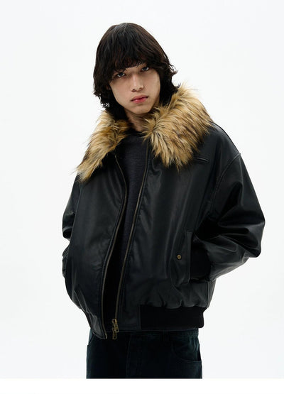 Fur-Trim PU Leather Jacket Korean Street Fashion Jacket By 77Flight Shop Online at OH Vault