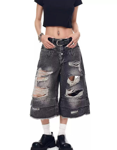 Dstressed Lines Frayed Denim Shorts Korean Street Fashion Shorts By Blacklists Shop Online at OH Vault