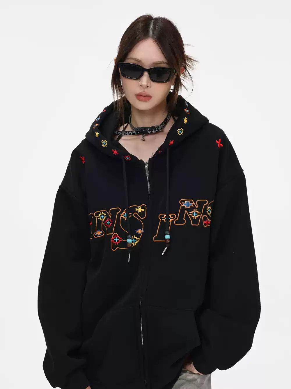 Embroidered Logo & Pattern Hoodie Korean Street Fashion Hoodie By INS Korea Shop Online at OH Vault