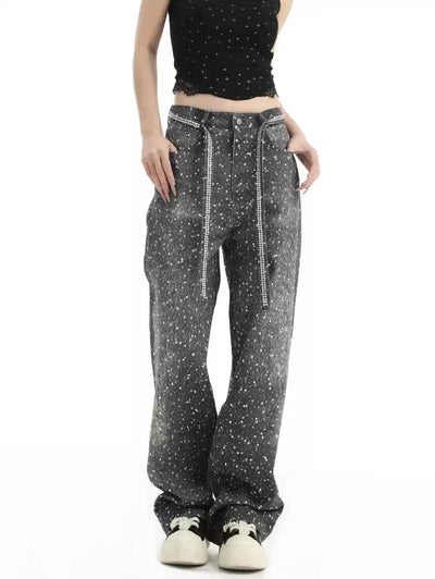 Starry Pattern Belt Strap Jeans Korean Street Fashion Jeans By INS Korea Shop Online at OH Vault