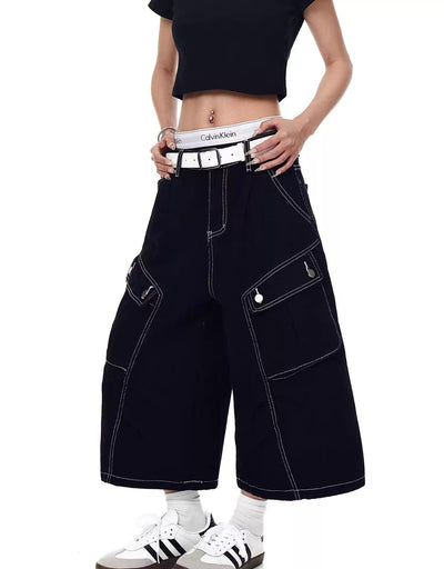 Outline Stitch Cargo Denim Shorts Korean Street Fashion Shorts By Blacklists Shop Online at OH Vault