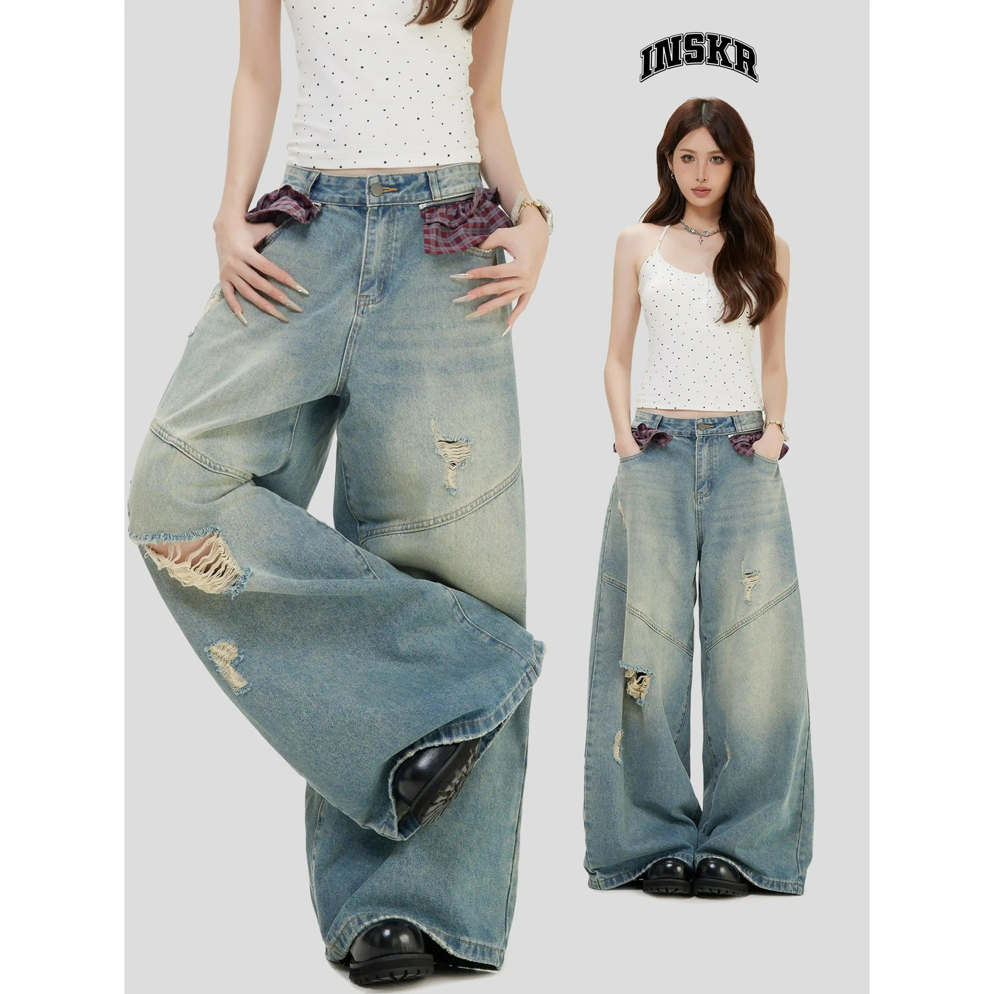 Plaid Fabric Pockets Distressed Jeans Korean Street Fashion Jeans By INS Korea Shop Online at OH Vault