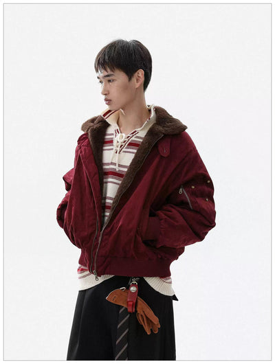 Fur-Trimmed Ribbed Hem Bomber Jacket Korean Street Fashion Jacket By Mr Nearly Shop Online at OH Vault