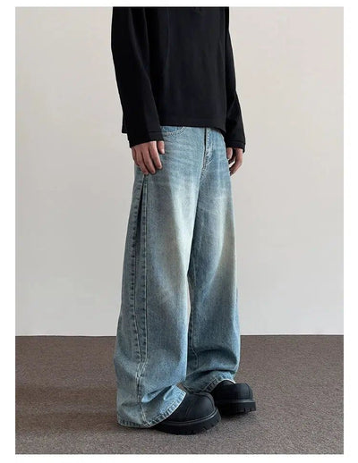 Washed Side Pleats Wide Jeans Korean Street Fashion Jeans By A PUEE Shop Online at OH Vault