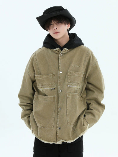 Multi-Pocket Frayed Denim Jacket Korean Street Fashion Jacket By INS Korea Shop Online at OH Vault