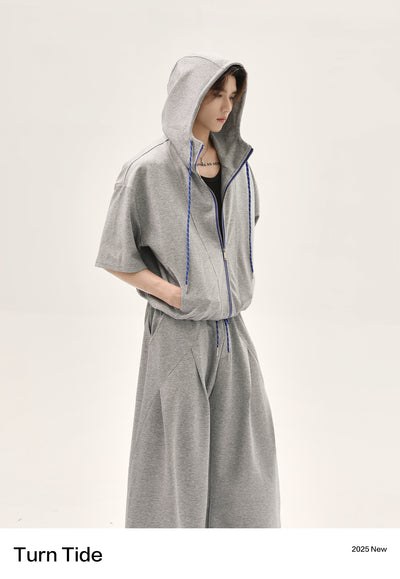 Contrast Drawstring Zipped Hoodie & Pleated Sweatpants Set Korean Street Fashion Clothing Set By Turn Tide Shop Online at OH Vault