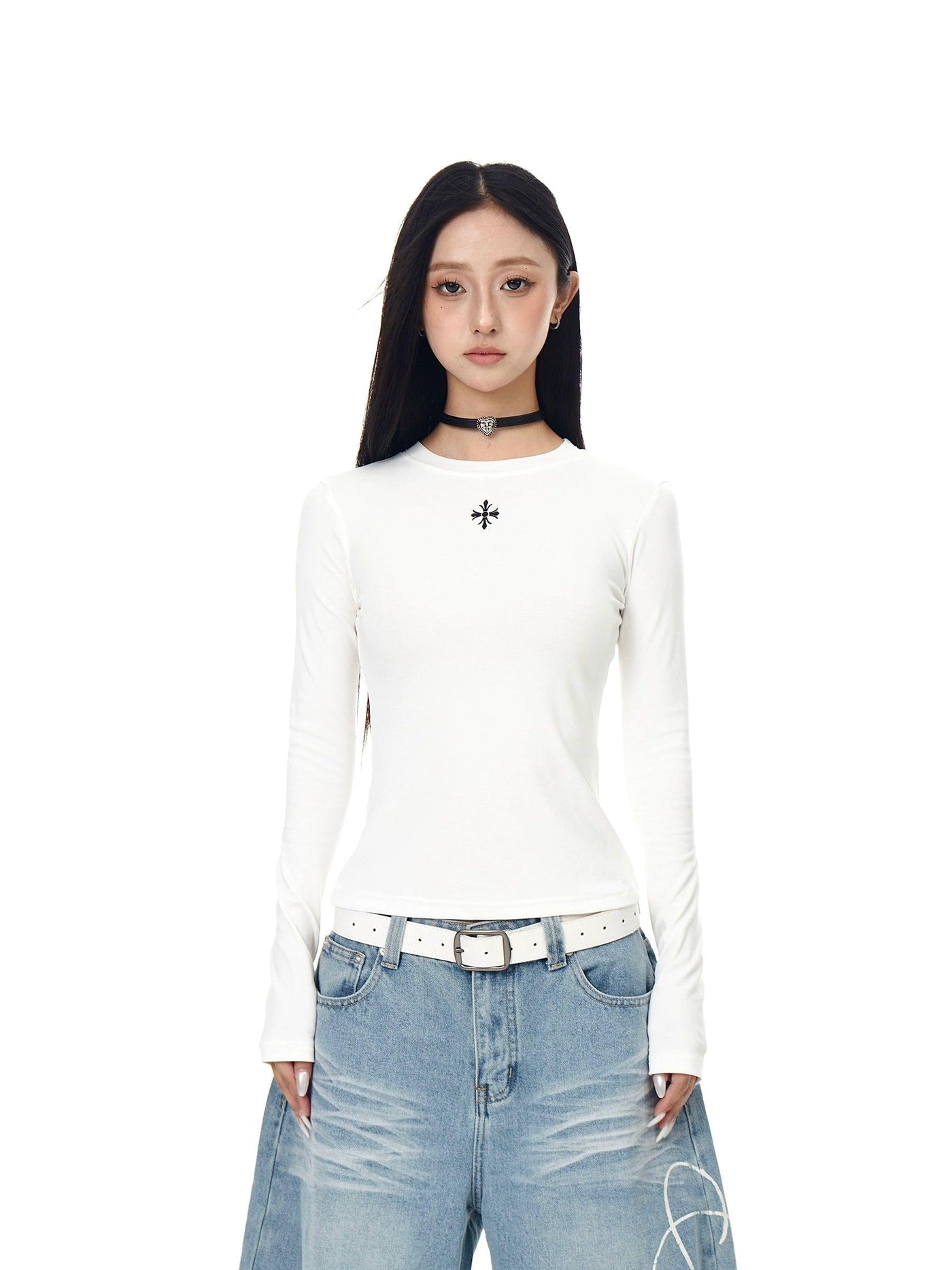 Cross Print Slim Fit L/S T-Shirt Korean Street Fashion T-Shirt By Blacklists Shop Online at OH Vault