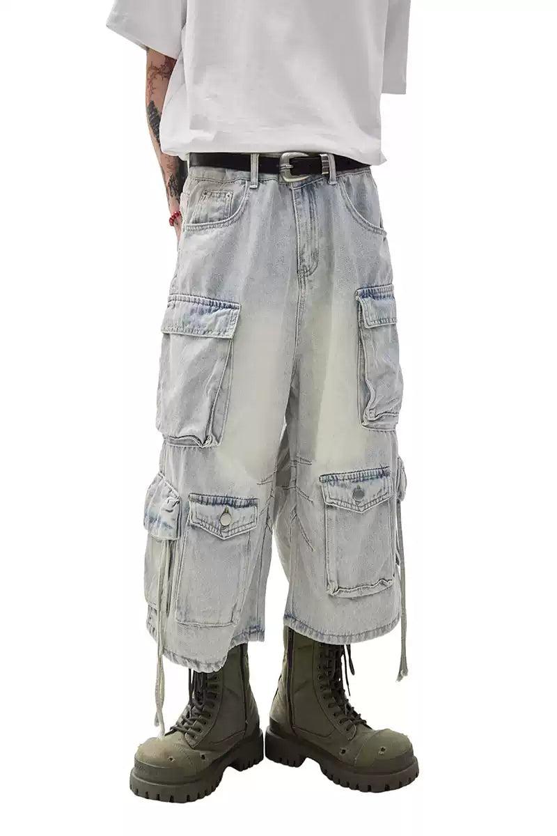 Faded Multi-Pockets Denim Shorts Korean Street Fashion Shorts By Ash Dark Shop Online at OH Vault
