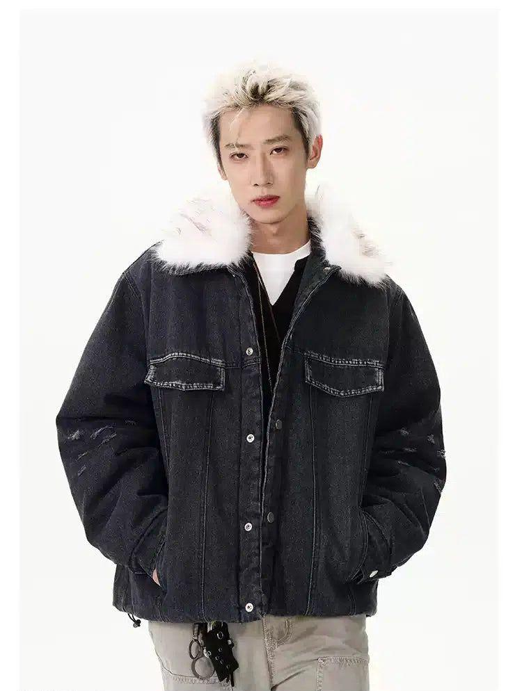 Distressed Fur Collar Denim Jacket Korean Street Fashion Jacket By A PUEE Shop Online at OH Vault