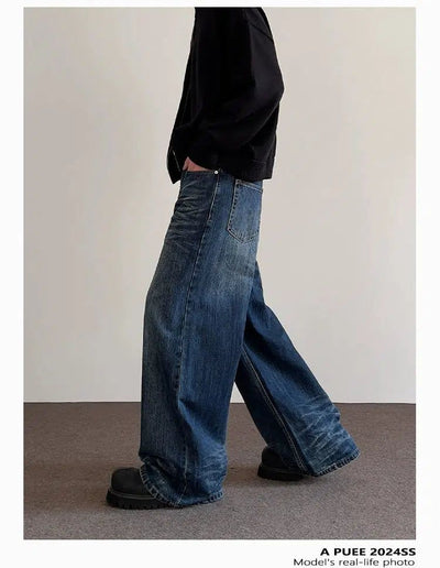 Creased Lines Wide Leg Jeans Korean Street Fashion Jeans By A PUEE Shop Online at OH Vault