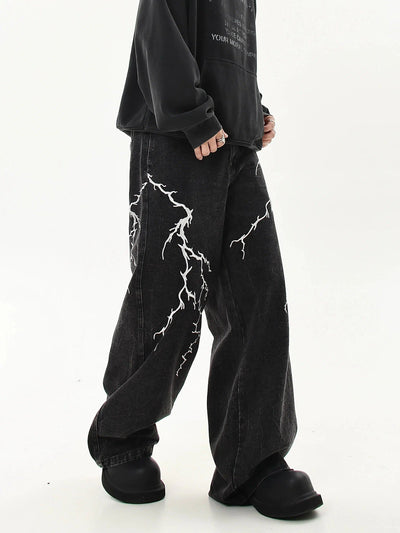 Lightning Pattern Embroidery Jeans Korean Street Fashion Jeans By Blacklists Shop Online at OH Vault