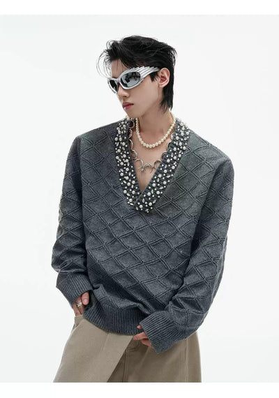 Pear & Stone V-Neck Patterned Sweater Korean Street Fashion Sweater By Argue Culture Shop Online at OH Vault