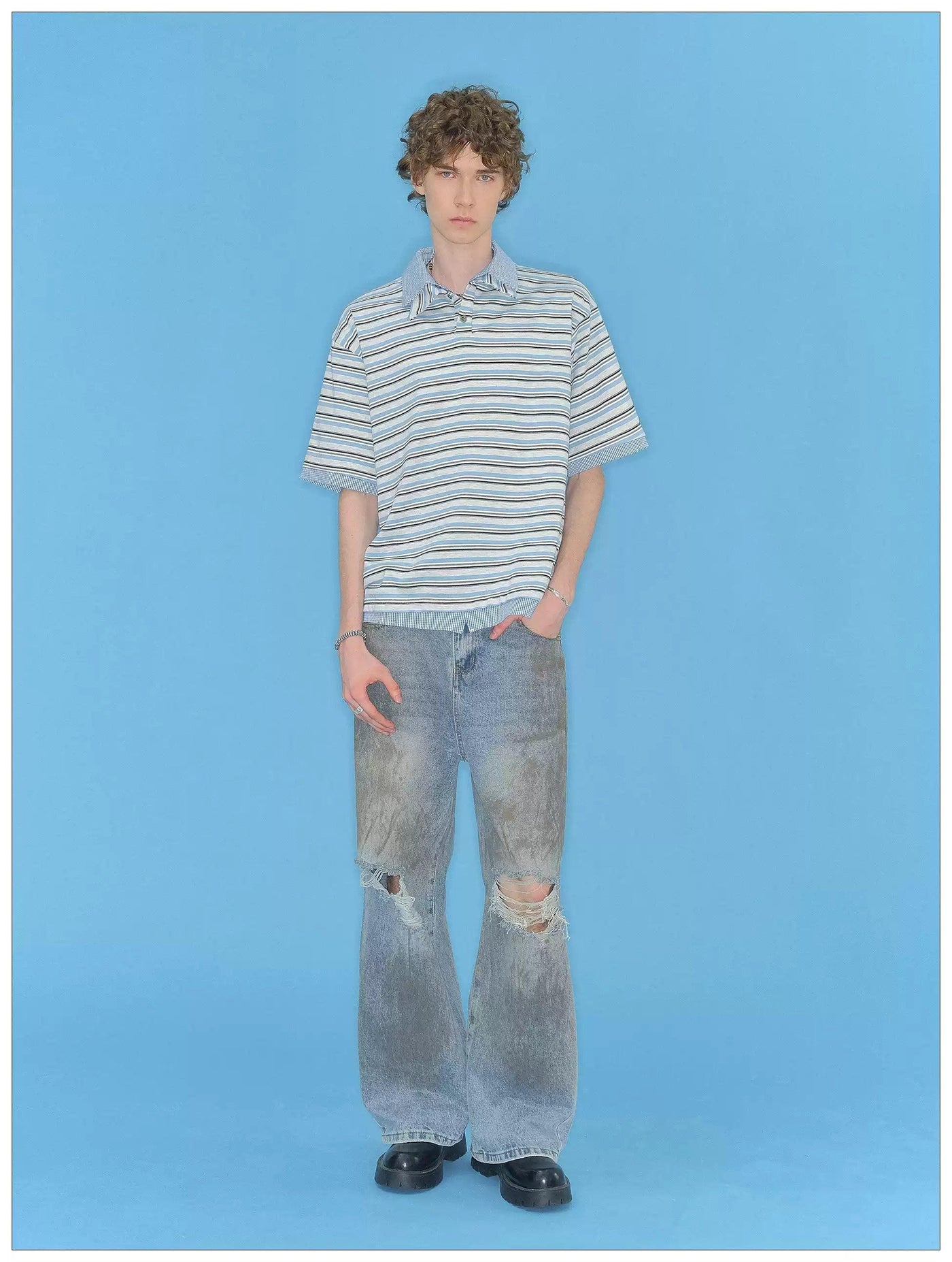 Stripe and Plaid Spliced Polo Korean Street Fashion Polo By Mr Nearly Shop Online at OH Vault