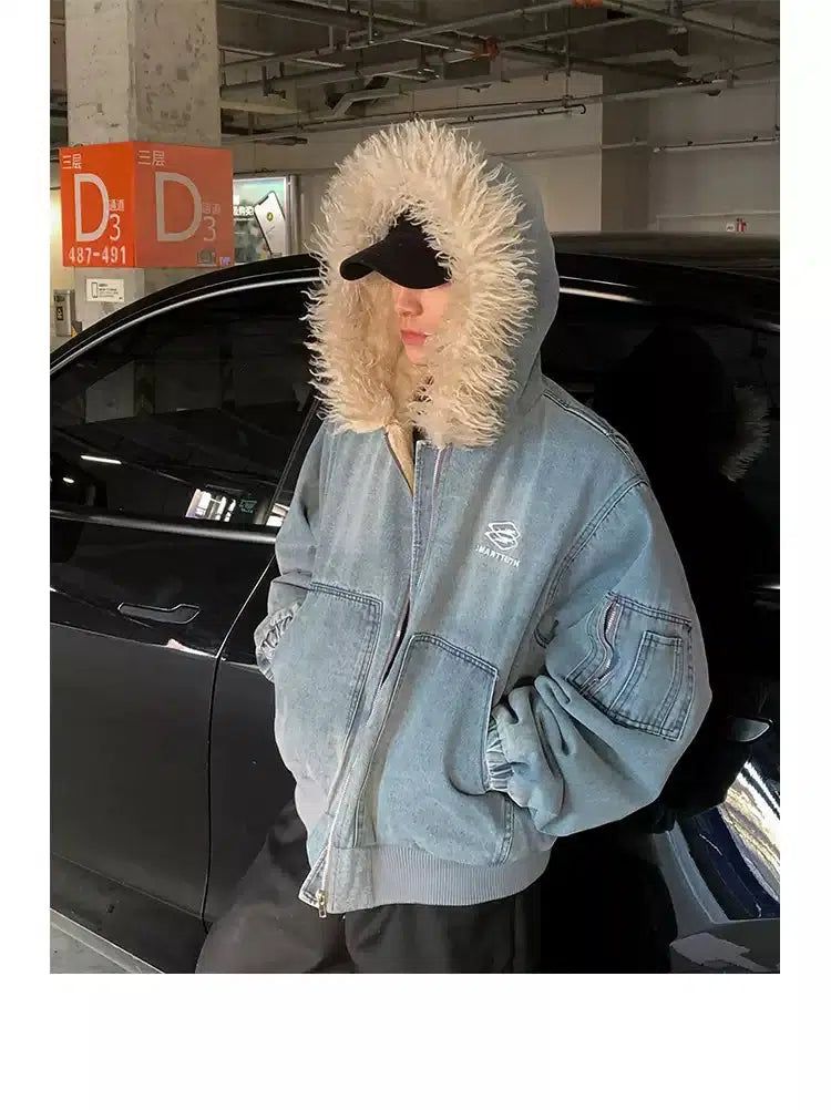 Faded Big Pocket Fur Hooded Denim Jacket Korean Street Fashion Jacket By Poikilotherm Shop Online at OH Vault