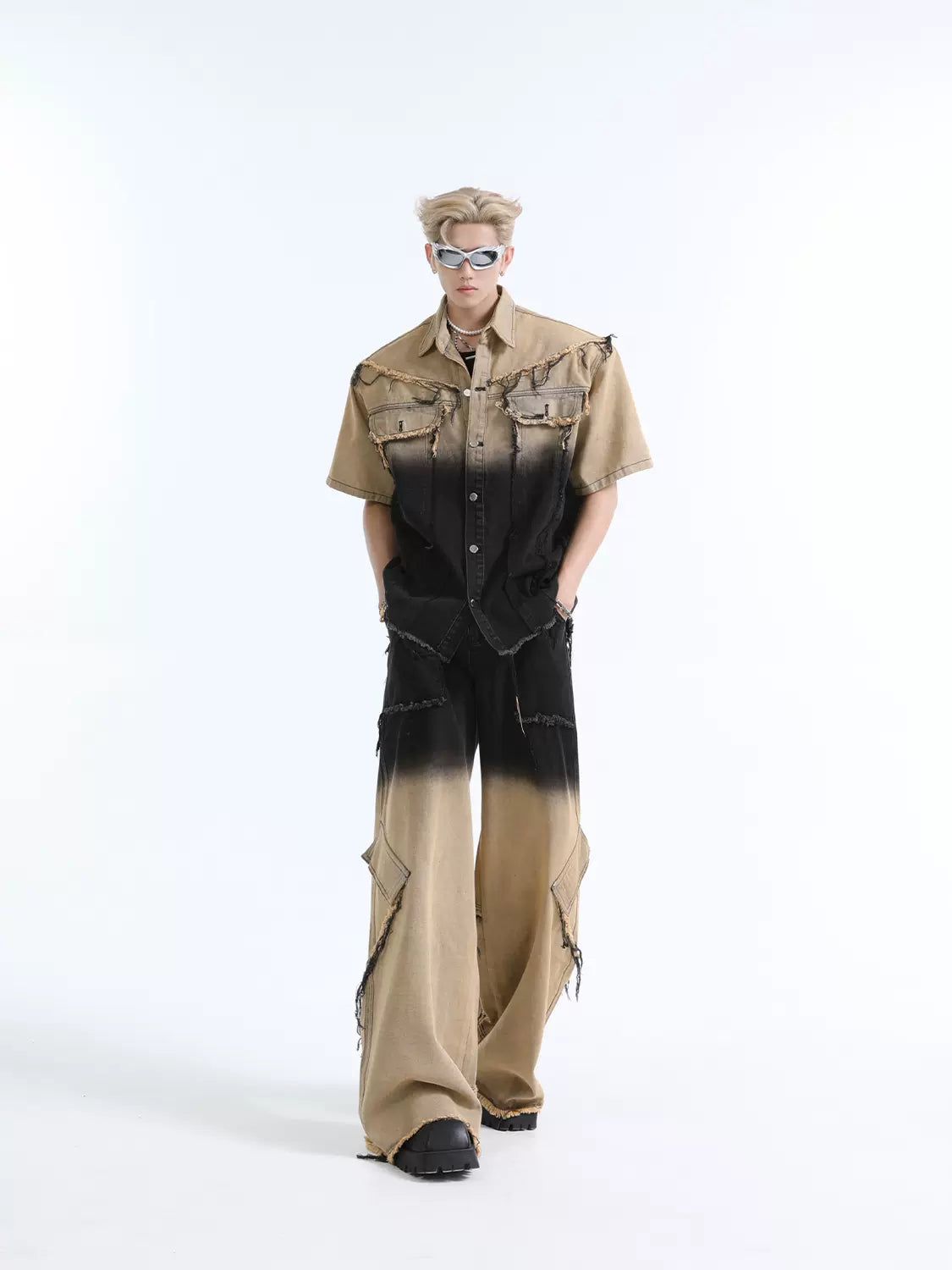 Half-Fade Denim Shirt & Jeans Set Korean Street Fashion Clothing Set By Turn Tide Shop Online at OH Vault