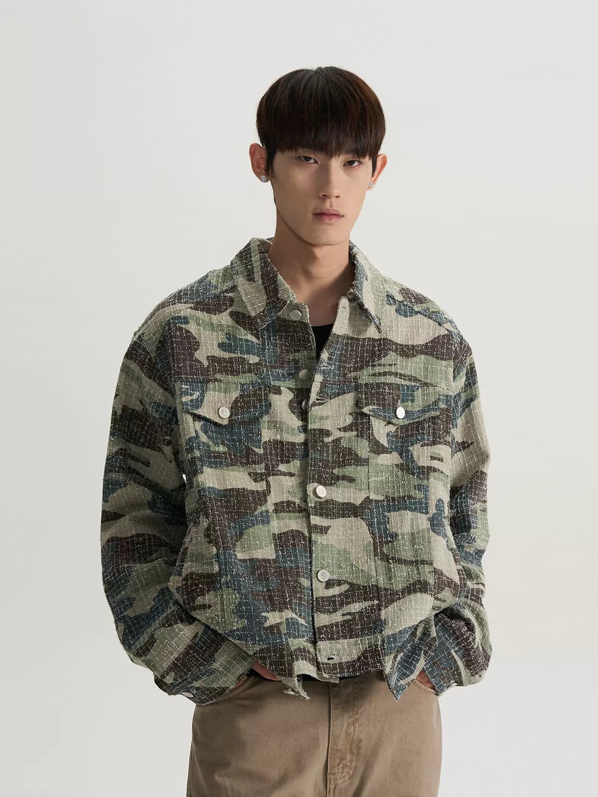 Camouflage Textured Buttoned Jacket Korean Street Fashion Jacket By A PUEE Shop Online at OH Vault