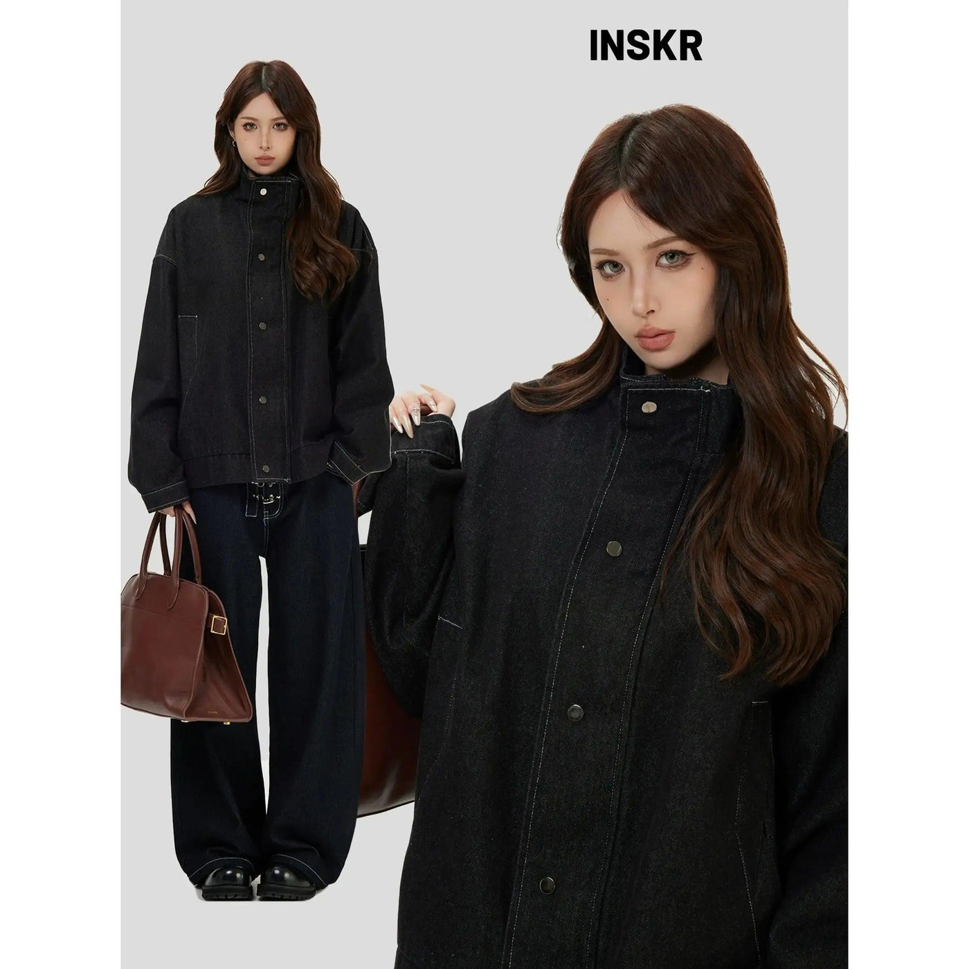 High Neck Raw Denim Jacket Korean Street Fashion Jacket By INS Korea Shop Online at OH Vault