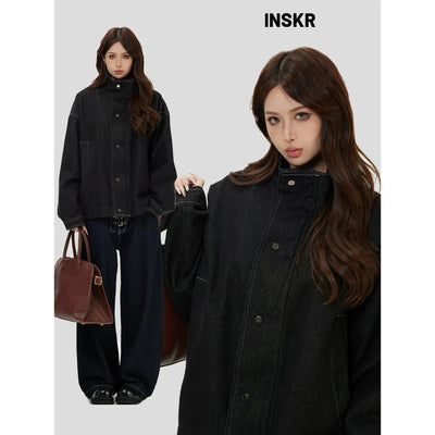 High Neck Raw Denim Jacket Korean Street Fashion Jacket By INS Korea Shop Online at OH Vault