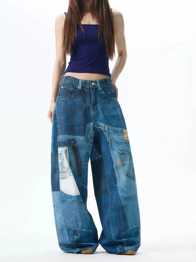 Digital Print Wide Leg Jeans Korean Street Fashion Jeans By 77Flight Shop Online at OH Vault