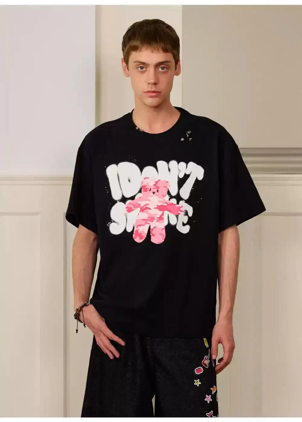 Bear and Graffiti Logo T-Shirt Korean Street Fashion T-Shirt By Donsmoke Shop Online at OH Vault