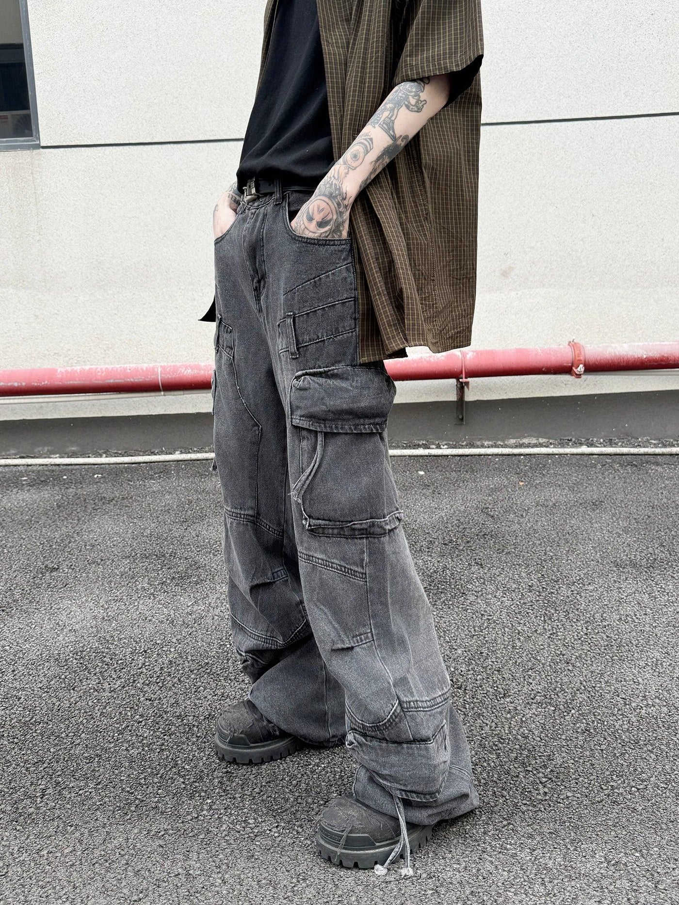 Multiple Detail Faded Jeans Korean Street Fashion Jeans By Ash Dark Shop Online at OH Vault