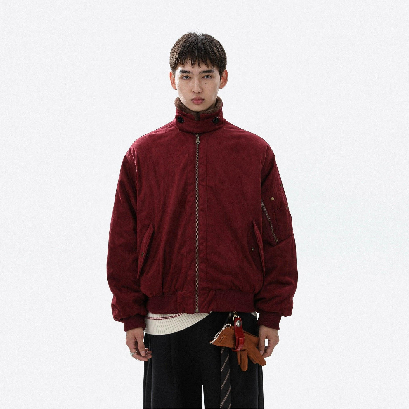 Fur-Trimmed Ribbed Hem Bomber Jacket Korean Street Fashion Jacket By Mr Nearly Shop Online at OH Vault