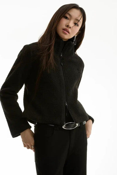 Boxy Stand Collar Fleece Jacket Korean Street Fashion Jacket By Funky Fun Shop Online at OH Vault