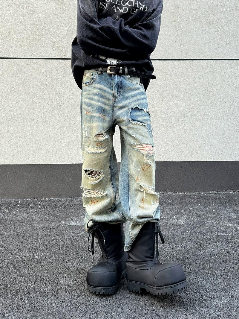 Faded Distressed Whiskers Jeans Korean Street Fashion Jeans By Ash Dark Shop Online at OH Vault