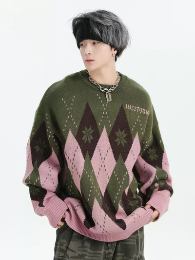 Argyle Color Contrast Sweater Korean Street Fashion Sweater By INS Korea Shop Online at OH Vault