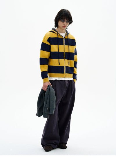 Wide Striped Zip-Up Knit Hoodie Korean Street Fashion Hoodie By 77Flight Shop Online at OH Vault