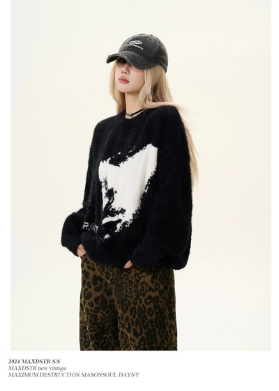 Fuzzy Map Print Sweater Korean Street Fashion Sweater By MaxDstr Shop Online at OH Vault