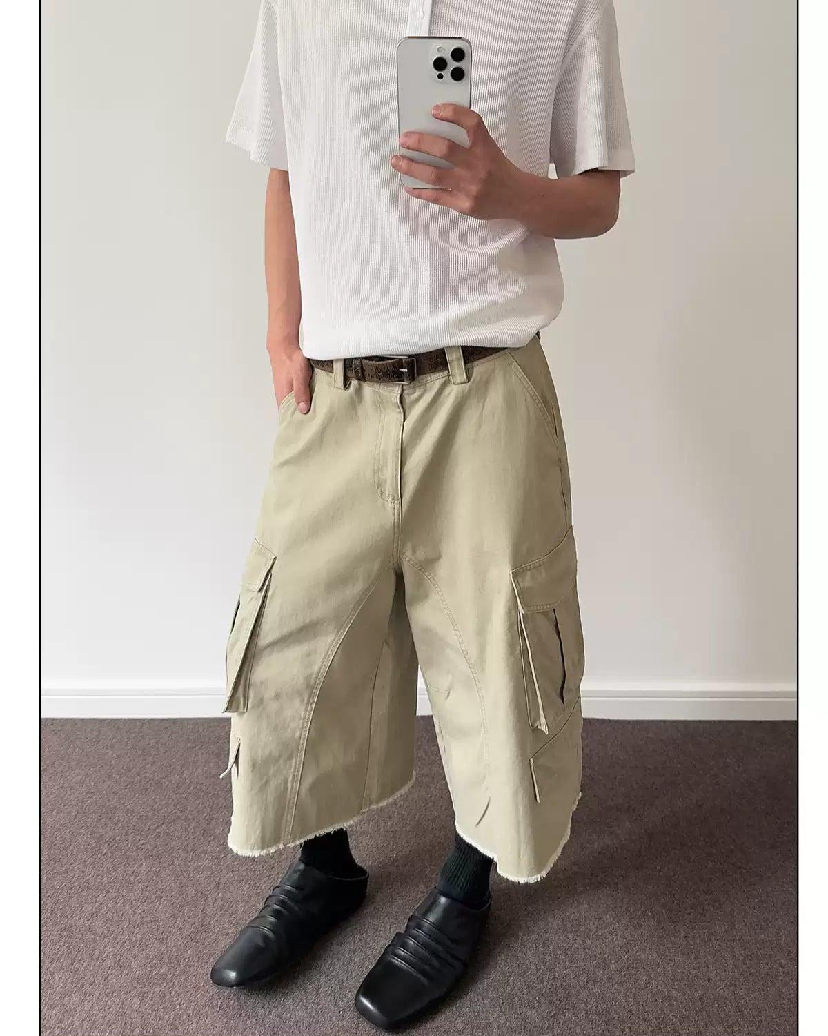 Frayed Cargo Denim Shorts Korean Street Fashion Shorts By A PUEE Shop Online at OH Vault