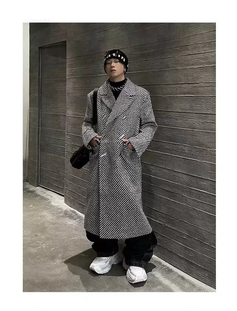 Loose Striped Woolen Long Coat Korean Street Fashion Long Coat By Dark Fog Shop Online at OH Vault