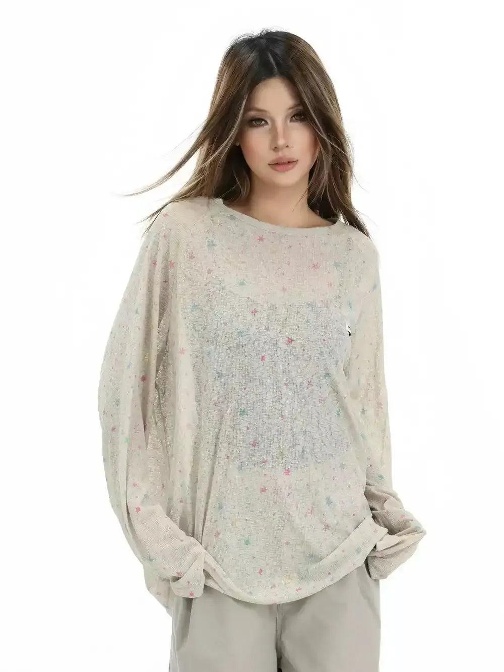 Scattered Stars Sheer Long Sleeve T-Shirt Korean Street Fashion T-Shirt By INS Korea Shop Online at OH Vault