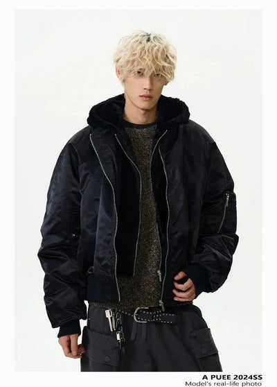 Spliced Plushy Hooded Bomber Jacket Korean Street Fashion Jacket By A PUEE Shop Online at OH Vault