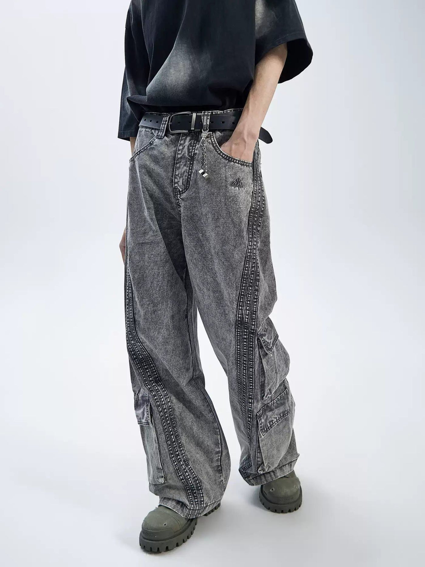 Washed Multi-Seamed Jeans Korean Street Fashion Jeans By Ash Dark Shop Online at OH Vault